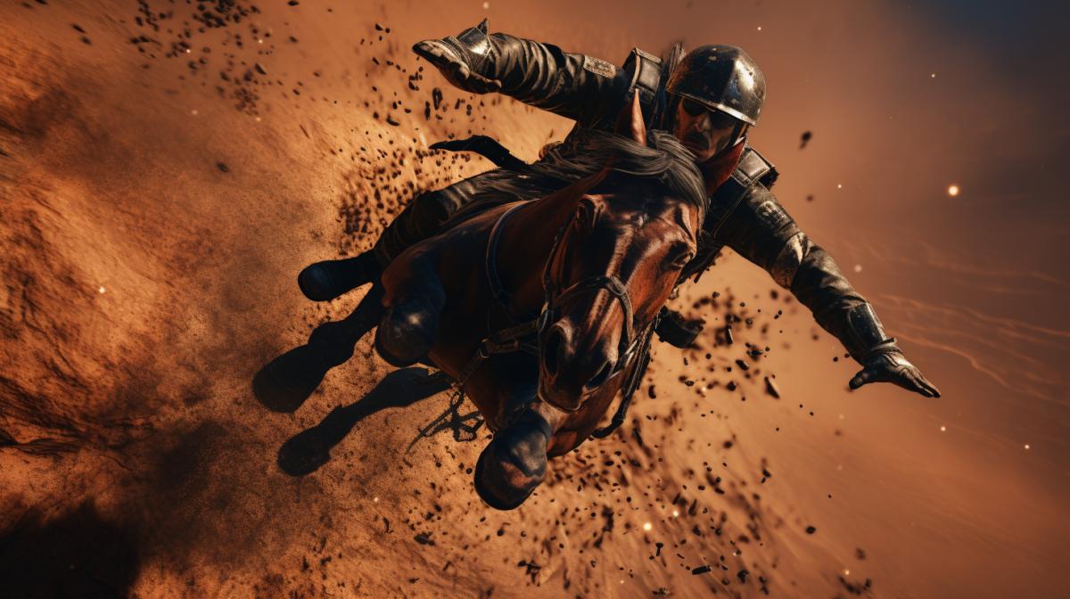 A rider falling from a horse, diorama, realistic, high detail, hyper-realistic, artstation, 8k resolution, unreal engine render ar 16:9