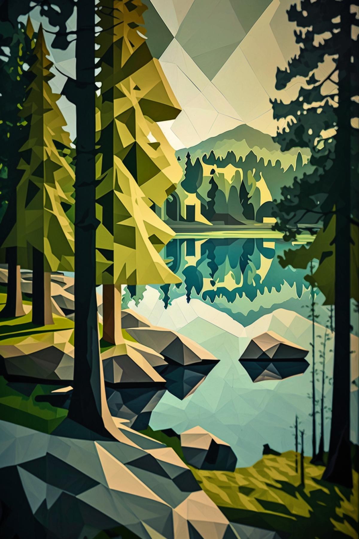 Lake in the forest, cubism.