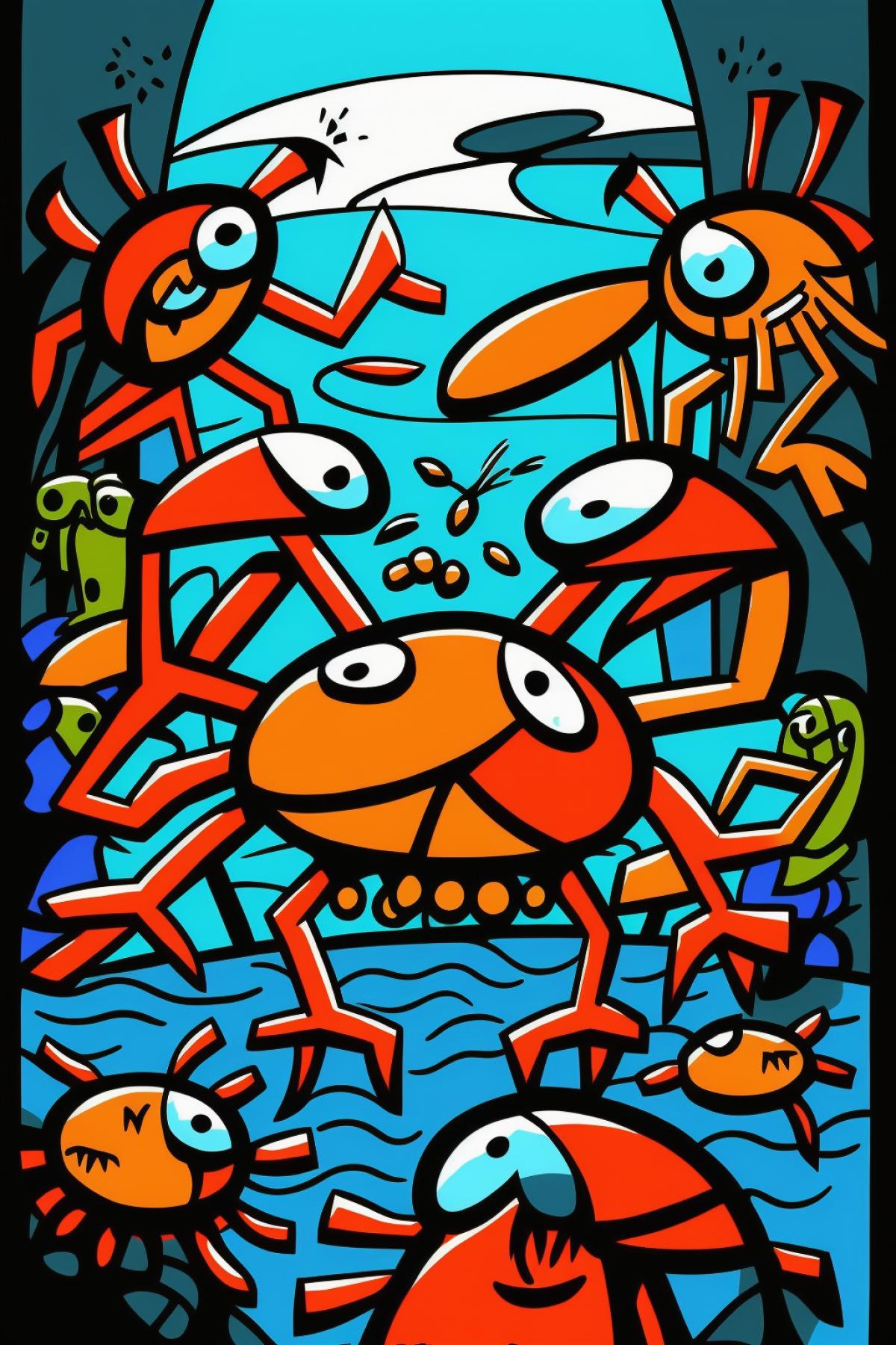 Many crabs in the style of Picasso, a bright picture