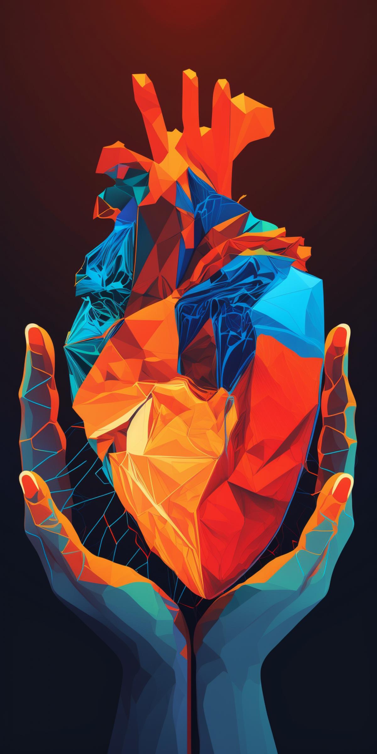 hands holding a low polygonal heart on a soild color background, vector art, by Adam Marczyński, shutterstock, crystal cubism, hyperrealistic illustration, aorta, front facing shot, looking partly to the left, acrylic, close portrait, hd 4k digital art, minimal, 8k