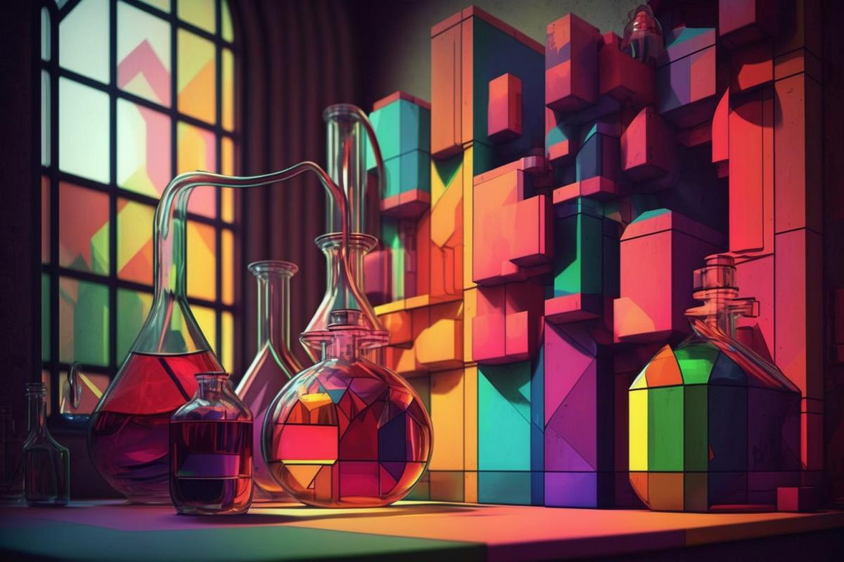 Chemical laboratory with multi-colored flasks in the style of cubism