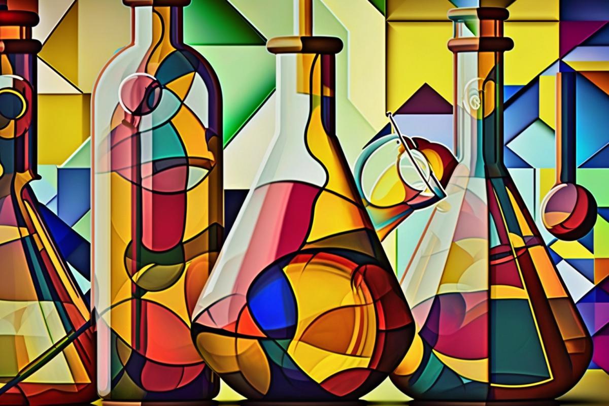 Chemical laboratory with multi-colored flasks in the style of cubism