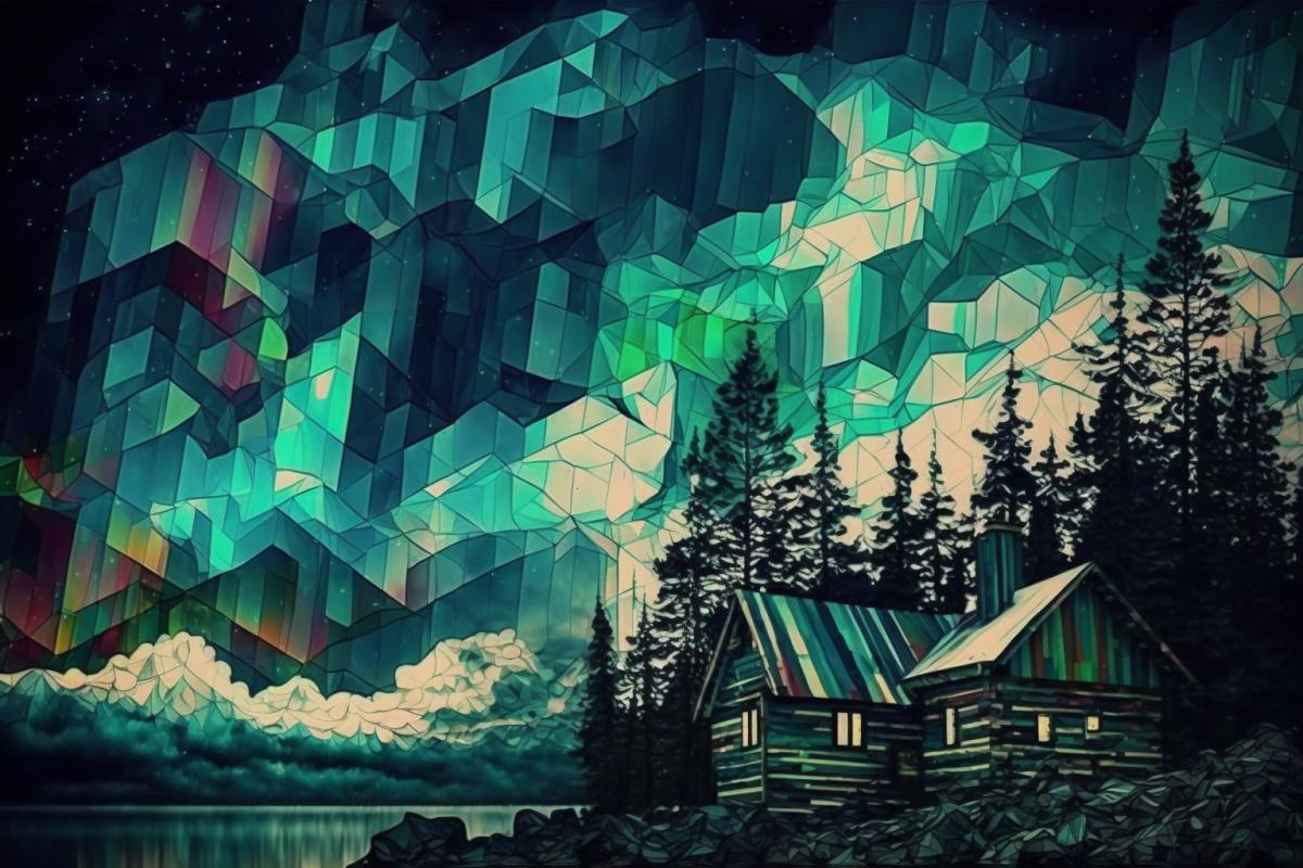 Northern lights in Karelia in cubist style