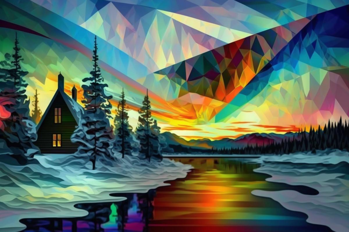 Northern lights in Karelia in cubist style