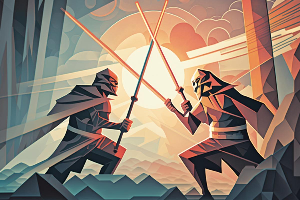 The battle of the Jedi on lightsabers at sunset in the style of cubism, a contrasting bright picture
