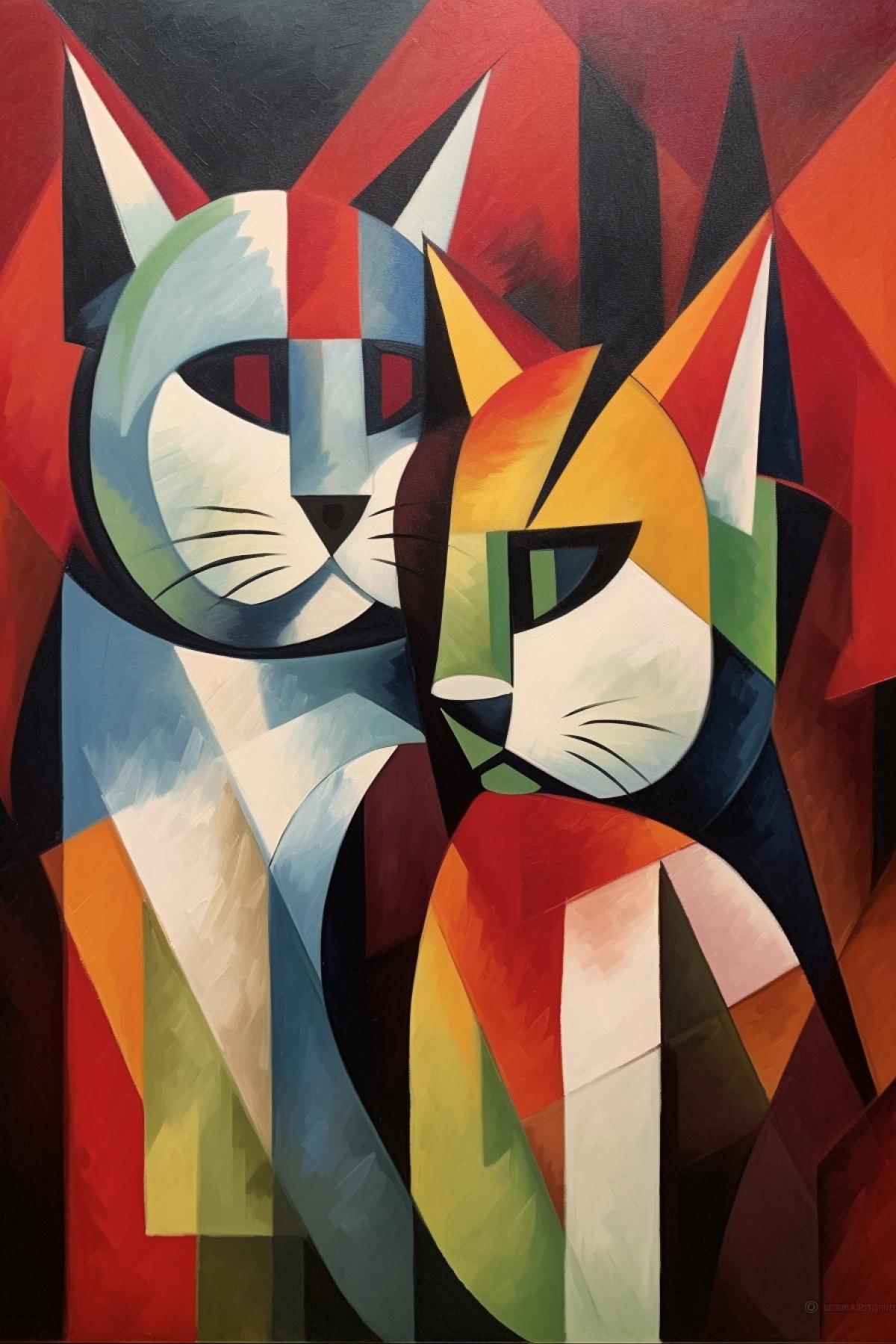 Two cats by Jiří Petr and Pablo Picasso, Cubism, oil painting