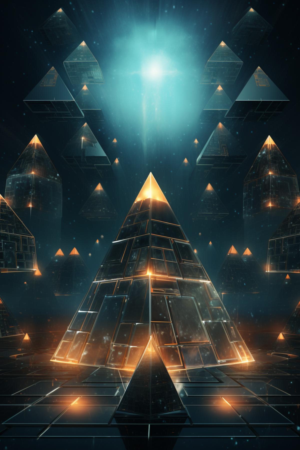Esoteric cubism, cubes with glowing symbols, pyramid in the center, brutalism, dark gamma