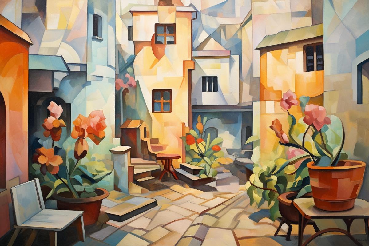 Moscow courtyard in style of Andre Lhote, cubism
