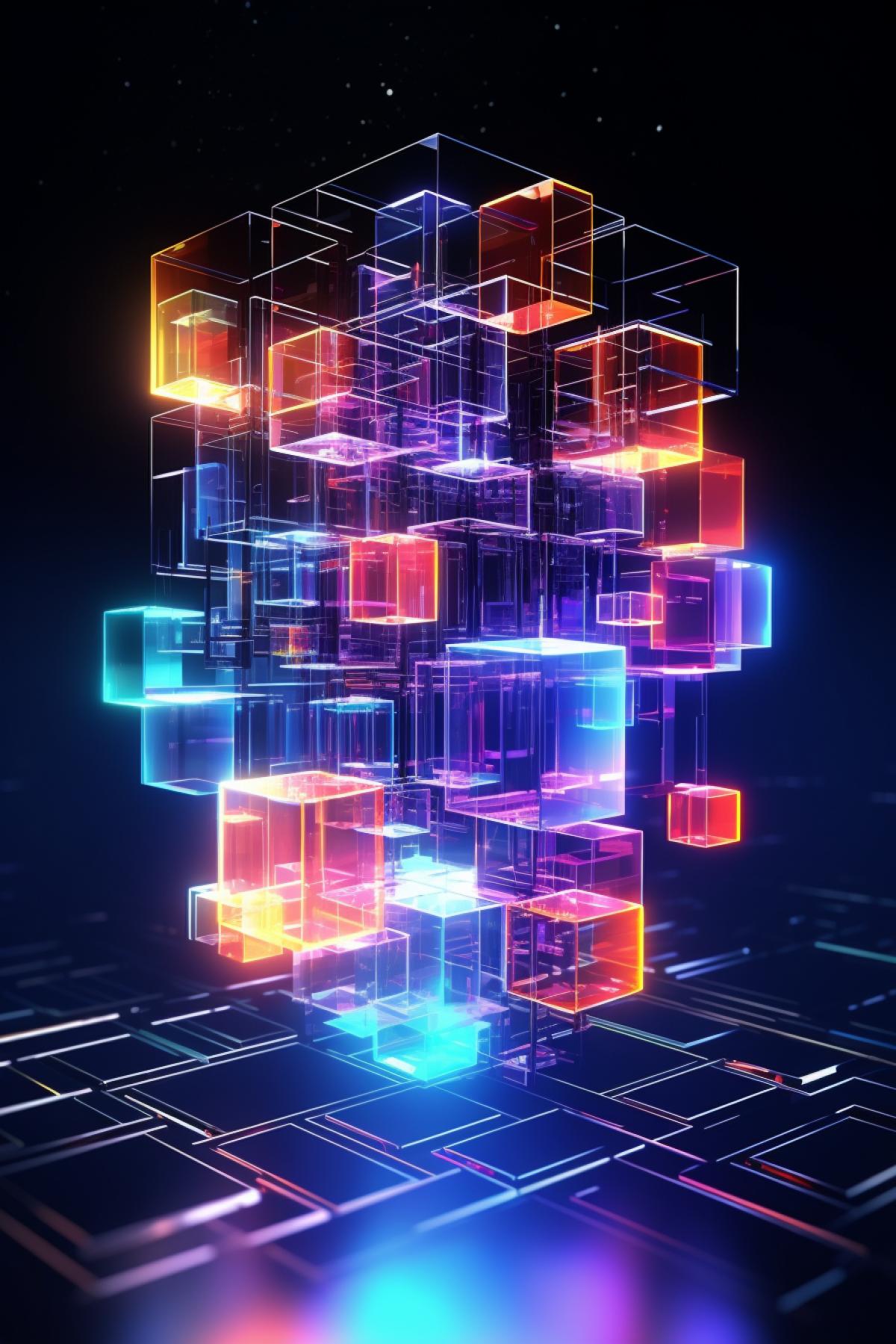 Cyber ​​cube, high technology, microcircuits, neon, cubism