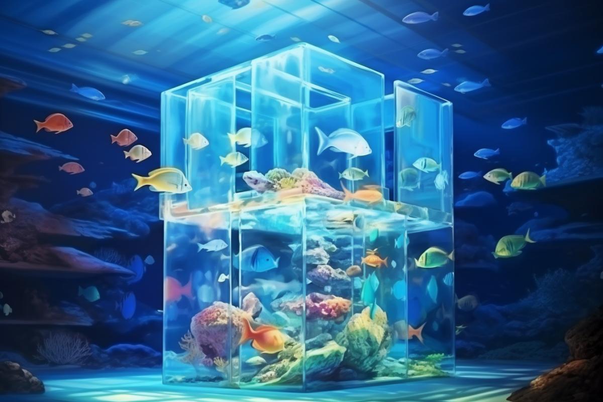 Oceanarium with exotic fish and jellyfish in the style of cubism, cubic interior, photo realism, beautiful light