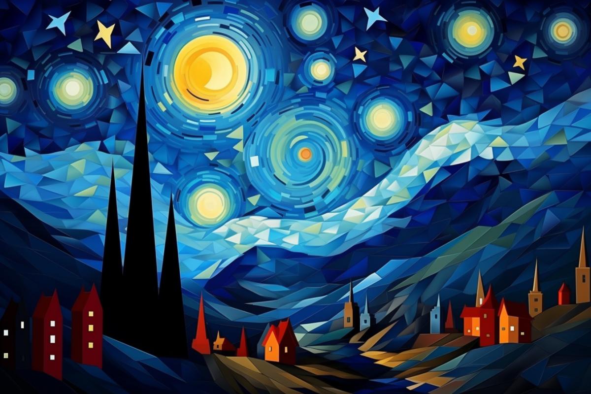 Starry night by van gogh in the style of Pablo Picasso, cubism