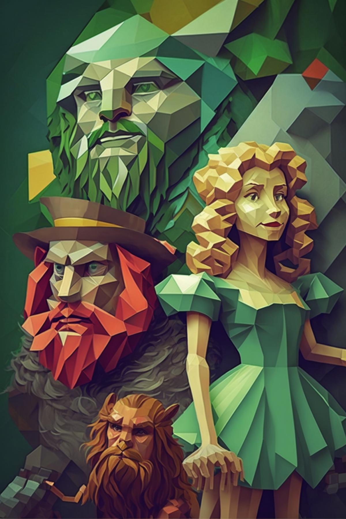Emerald City, Dorothy, Scarecrow, Cowardly Lion and Woodcutter, cubism style