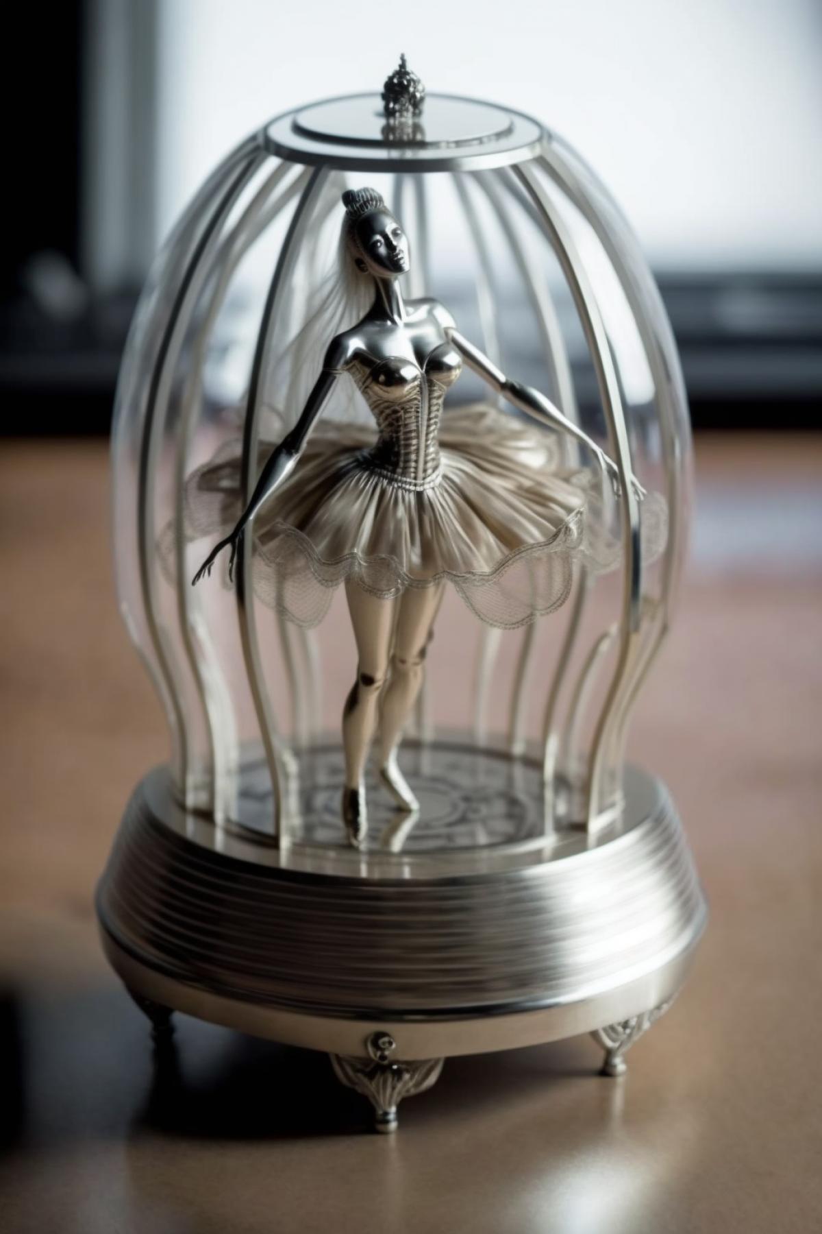 transparent music box, mechanical little ballerina on top, Giger style