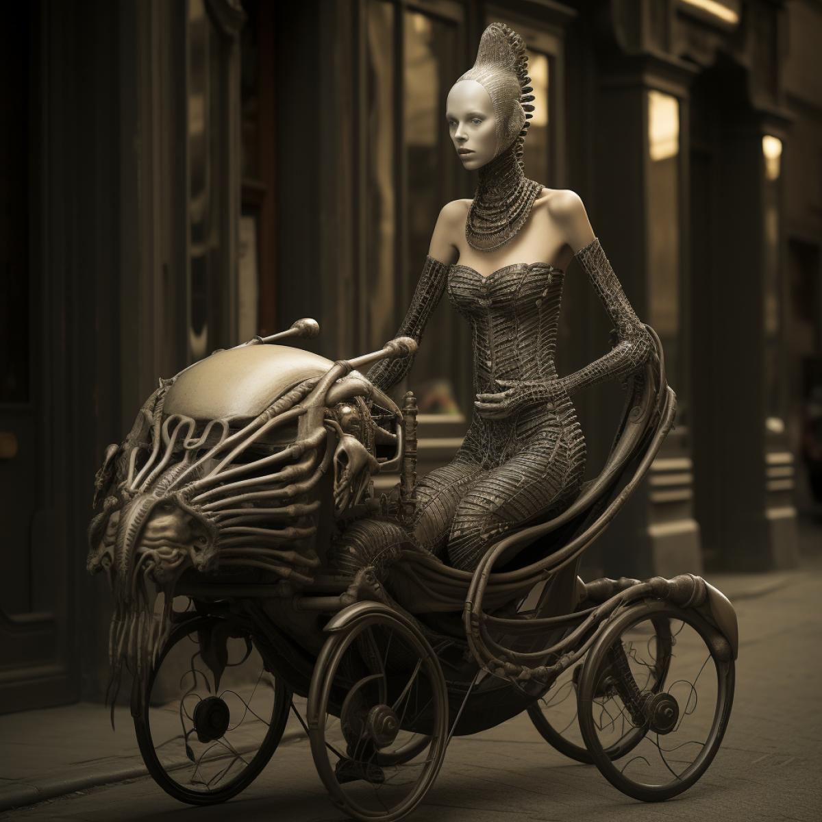 Woman with a pram in the style of H. R. Giger