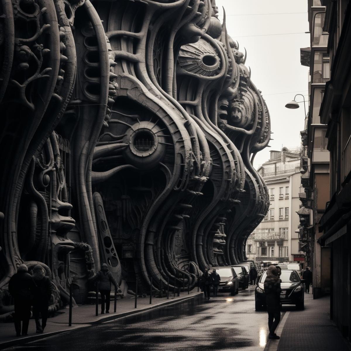 A city with H. R. Giger architecture