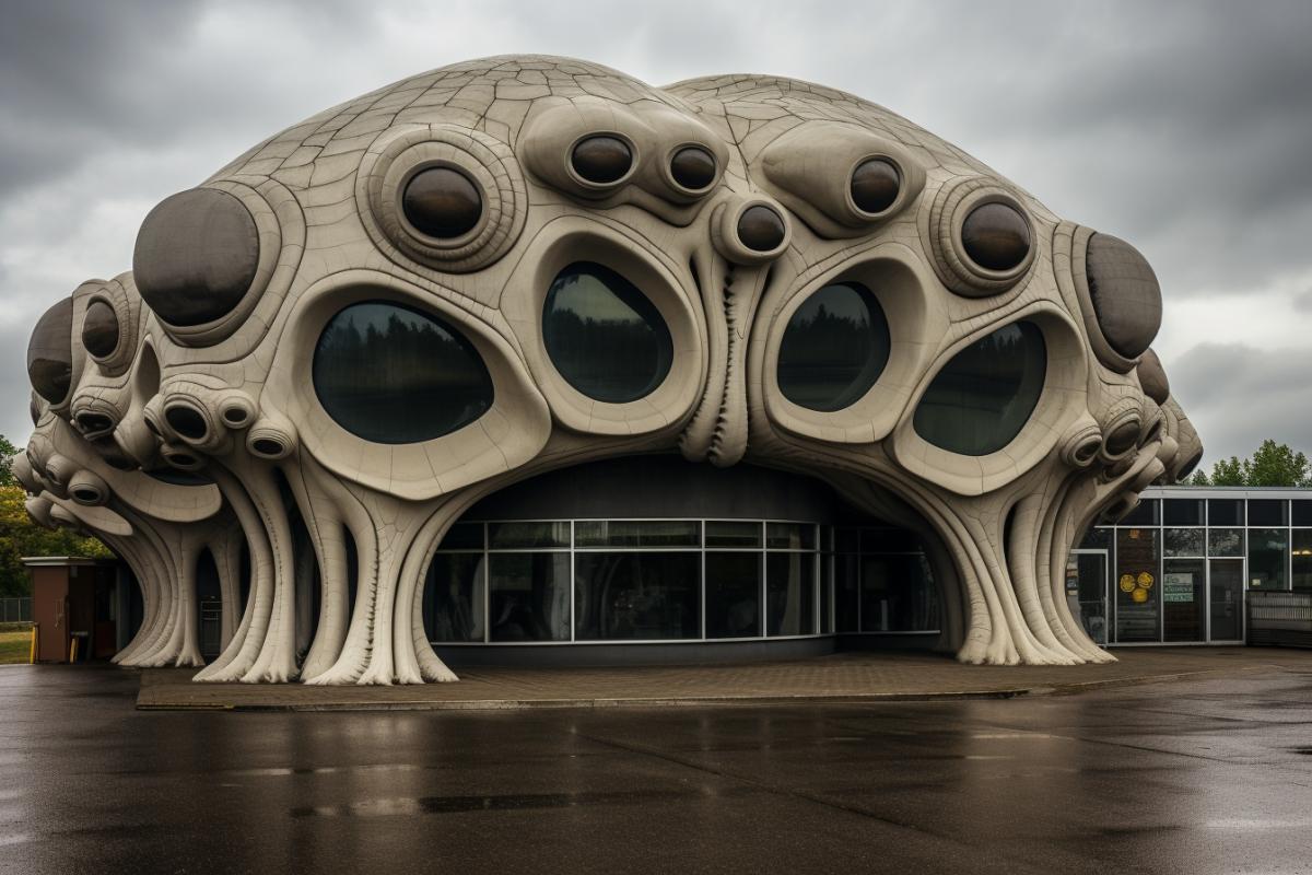 School building in the style of H. R. Giger