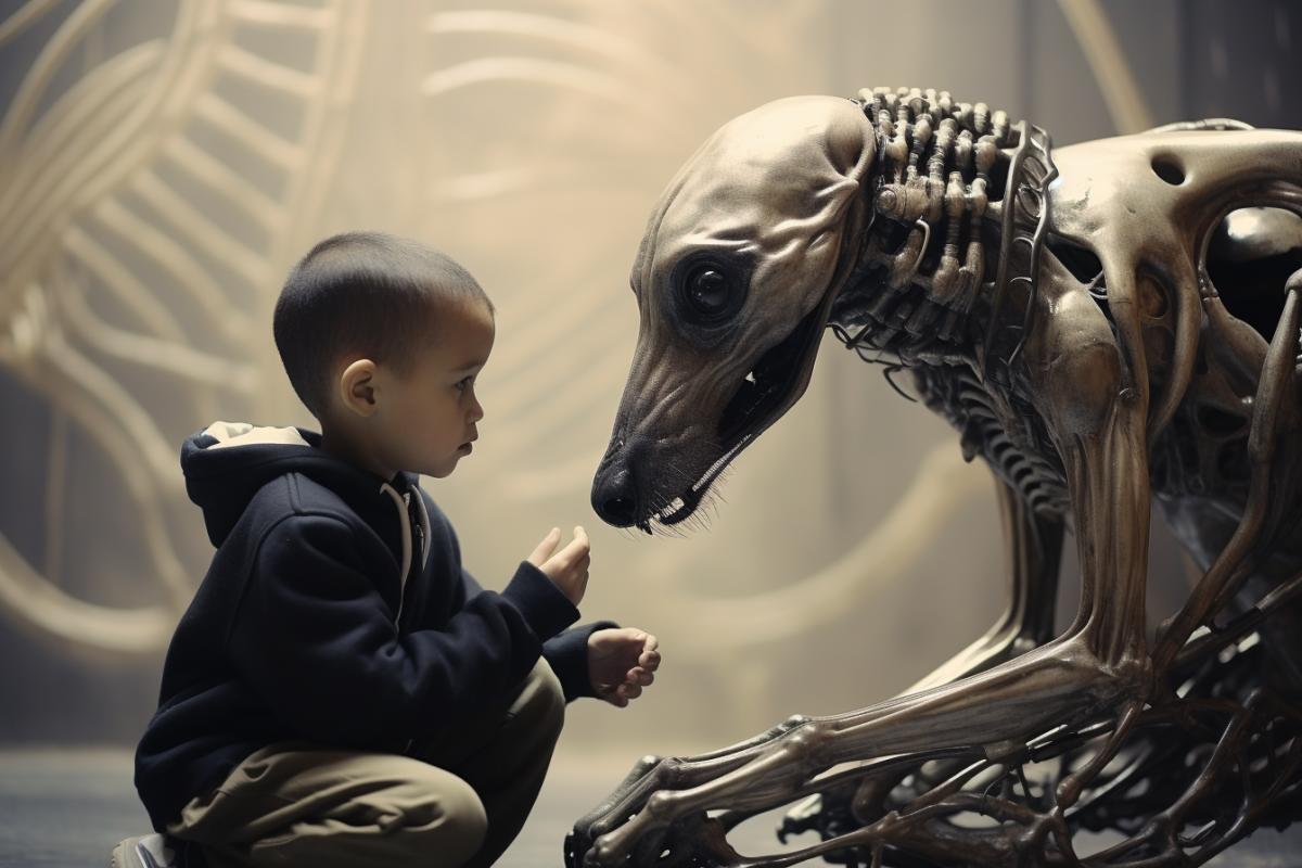 Kid playing with dog, style by H. R. Giger
