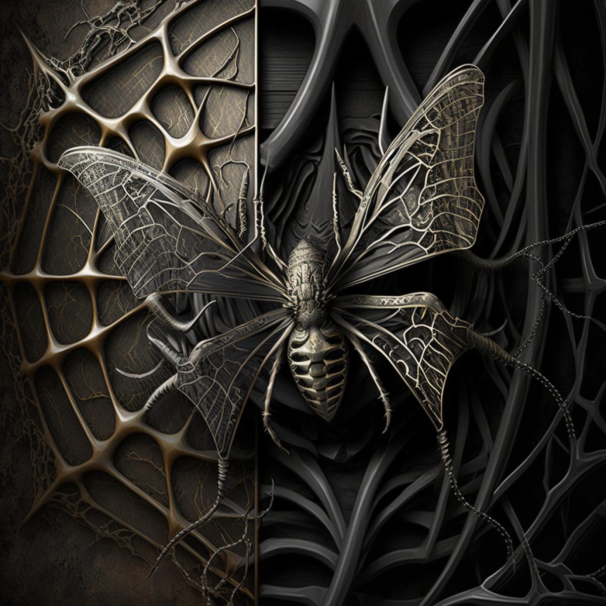 Spider and butterfly in the web, Giger style