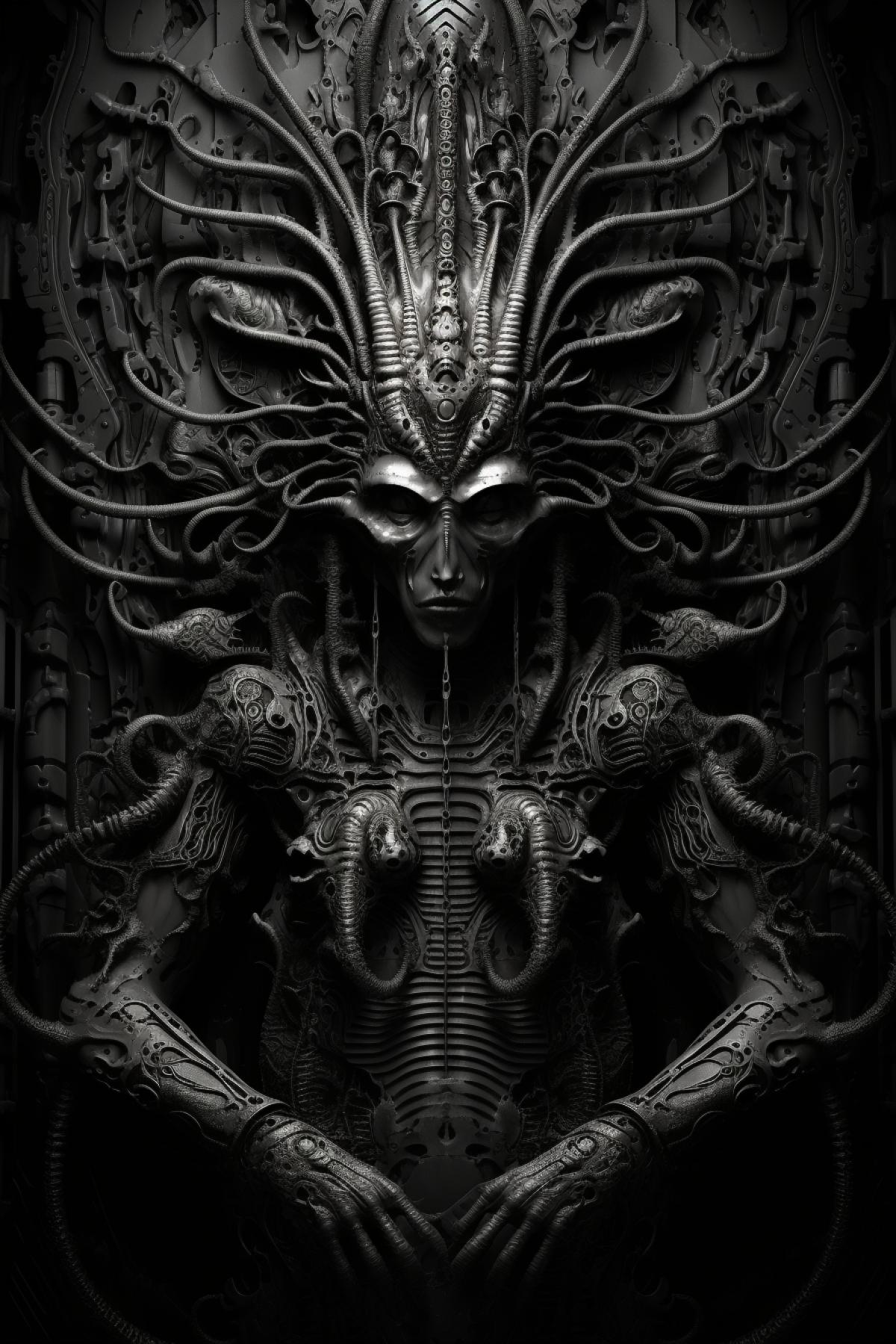 An ancient monster in the style of H. R. Giger