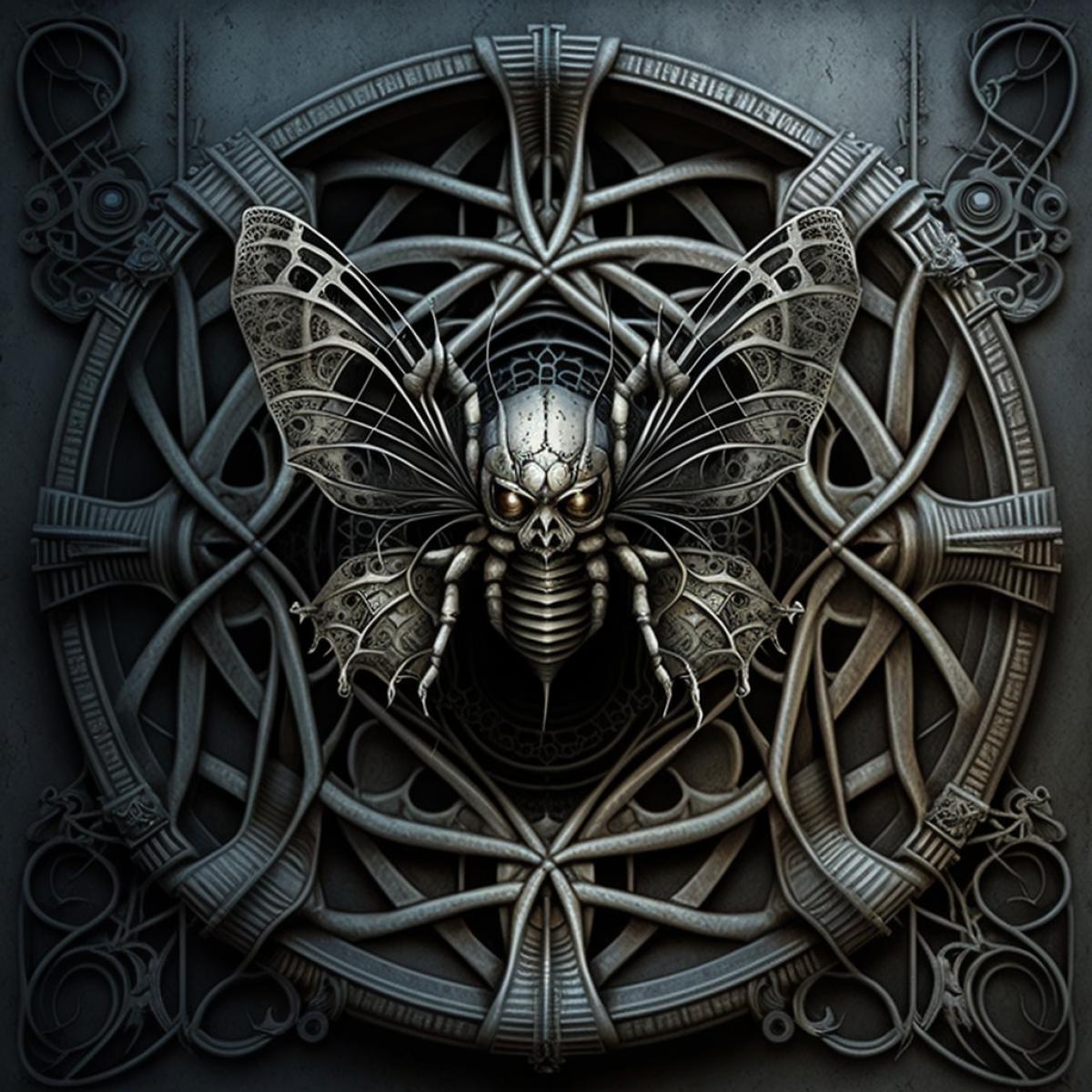Spider and butterfly in the web, Giger style