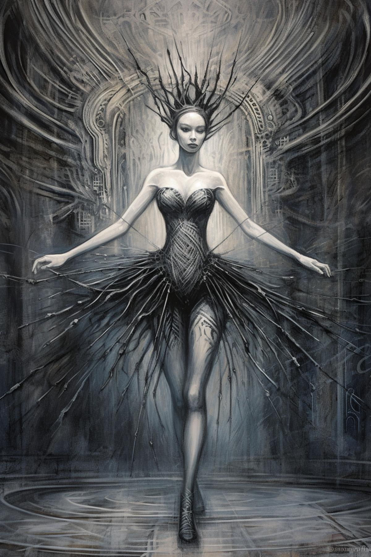 ballerina dancing on pointe, drawing in Giger style