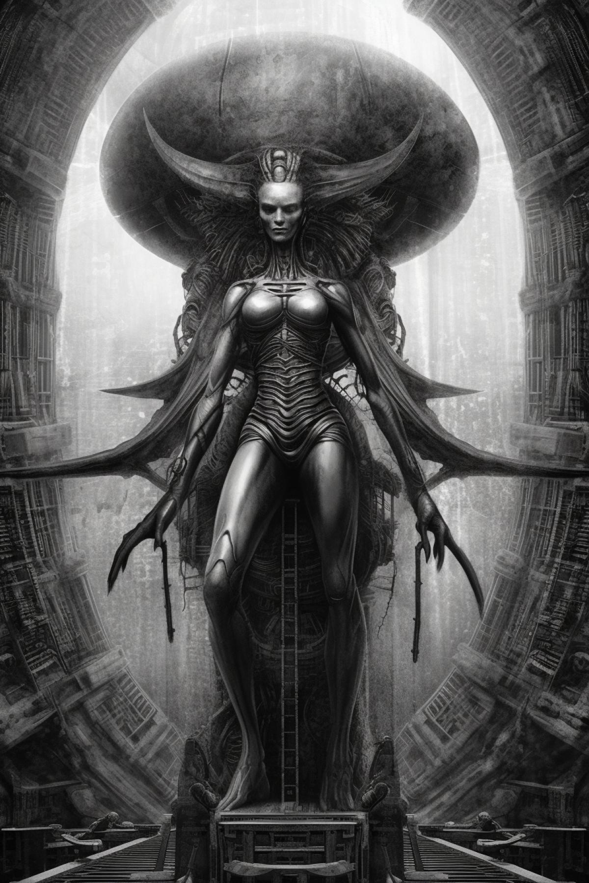 xenomorph woman dancing at the pylon, drawing in the style of Giger