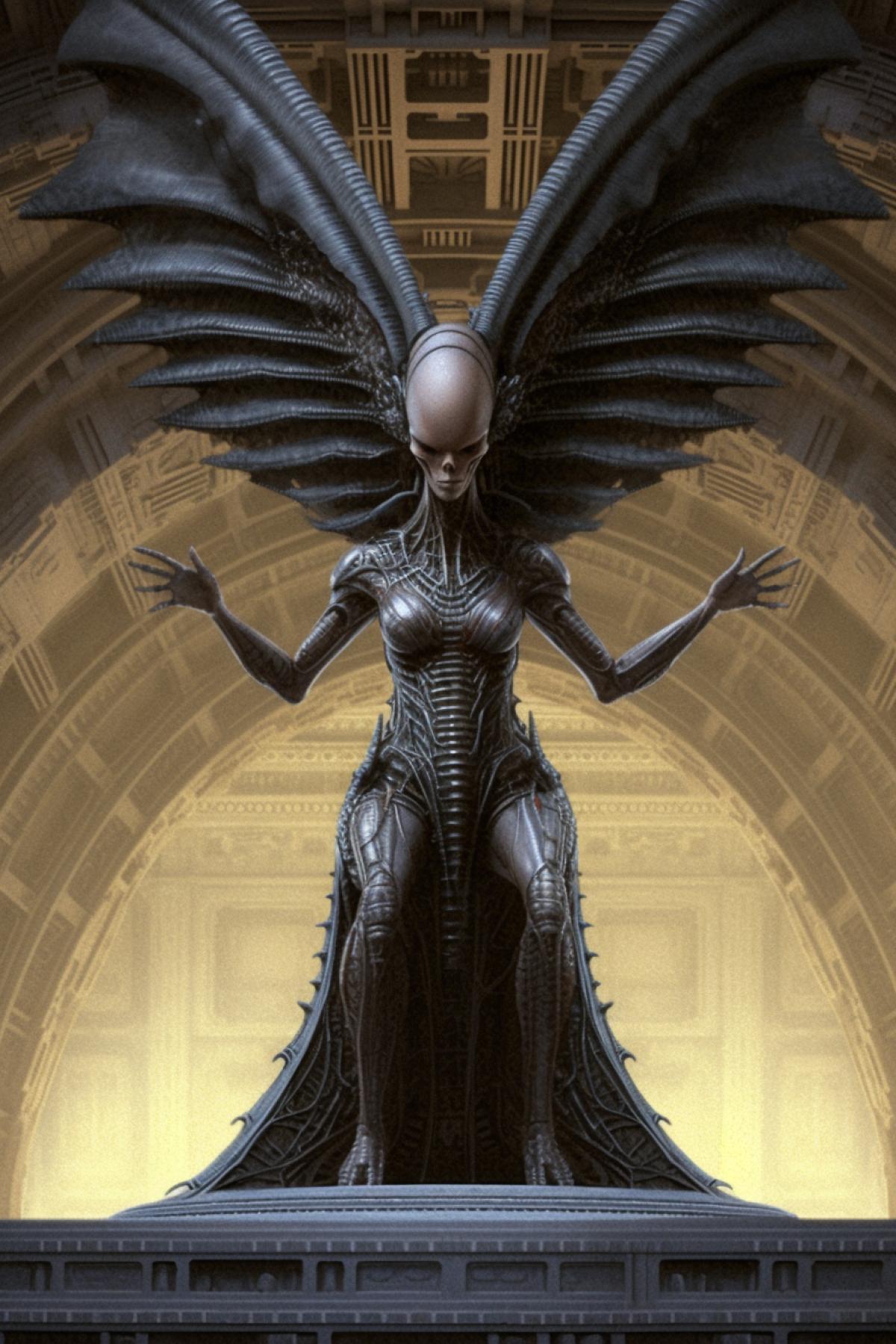 xenomorph woman dancing at the pylon, drawing in the style of Giger