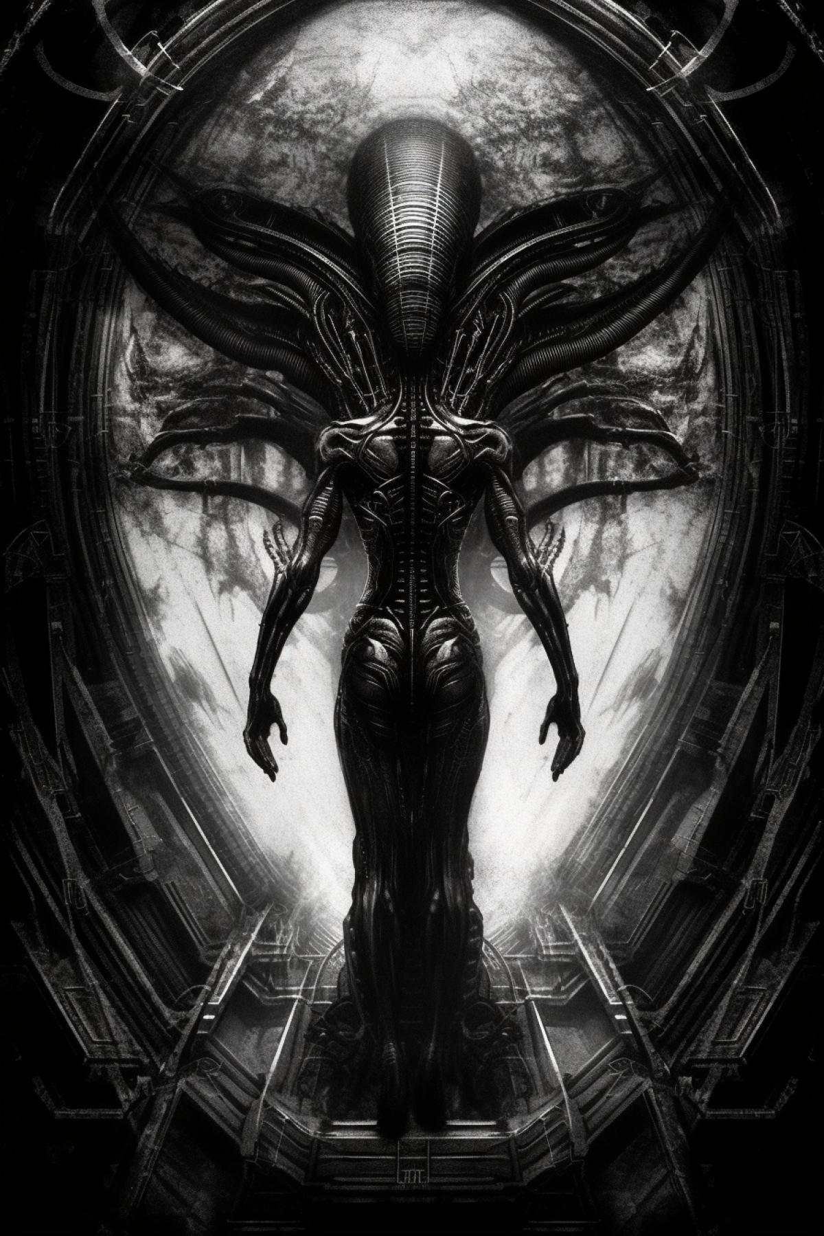 xenomorph woman dancing at the pylon, drawing in the style of Giger