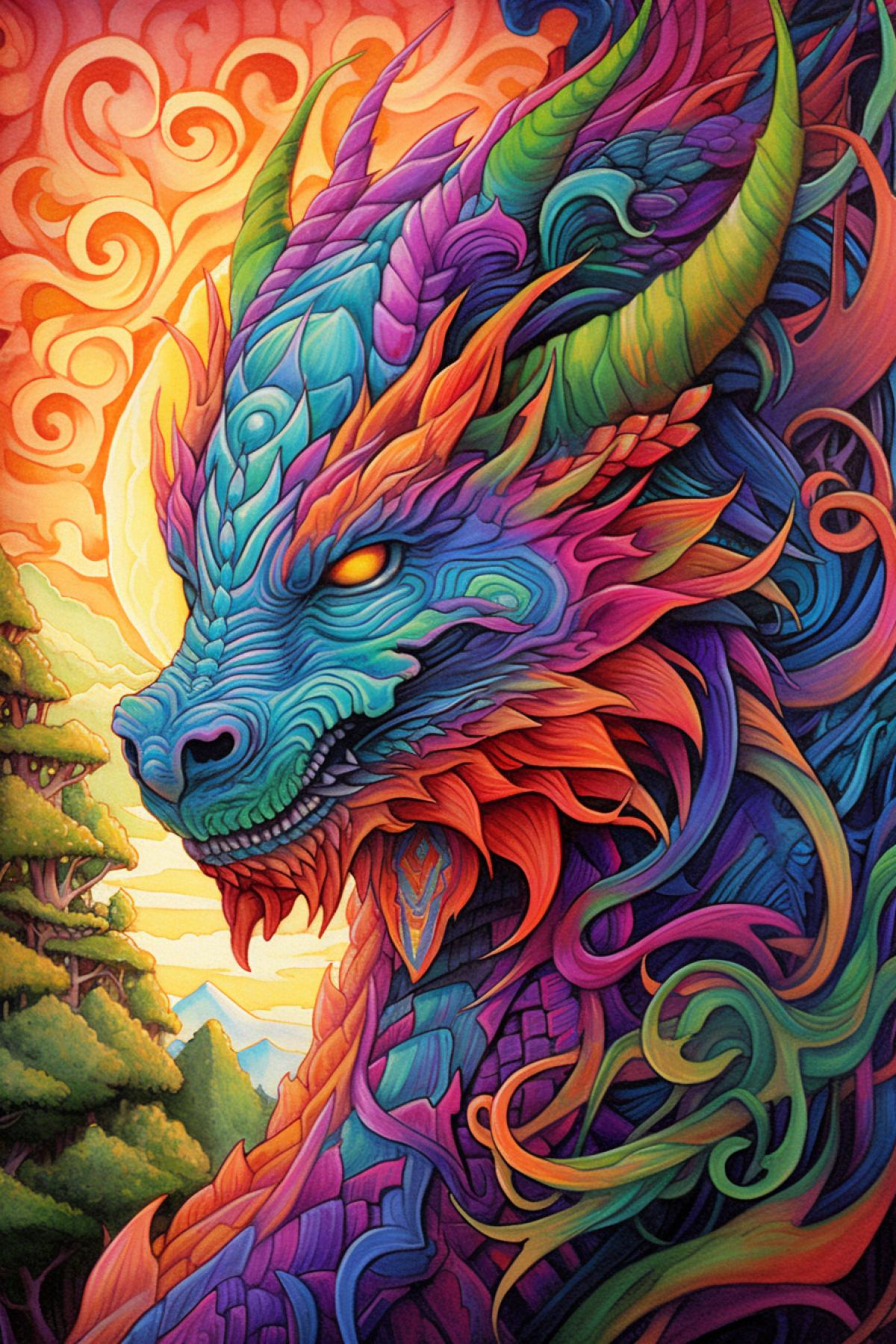 Biomechanical dragon on a surreal landscape guger style bright color drawing juicy colors
