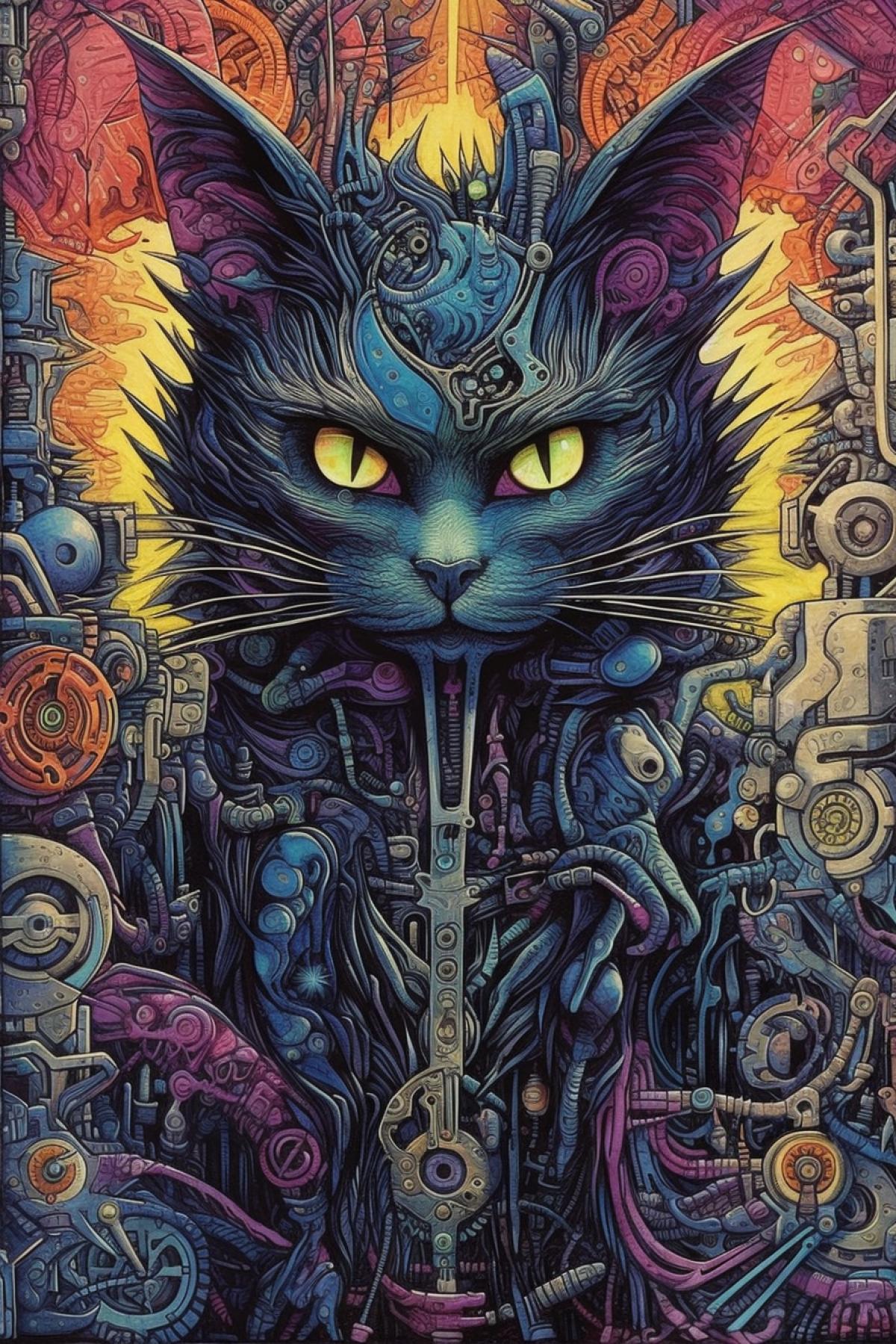 Biomechanical cat necromancer on a surreal landscape giger style color drawing bright juicy colors