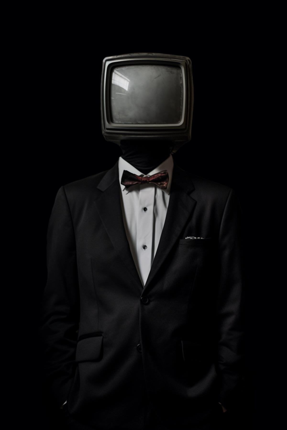 A man in a dark tuxedo with a TV instead of a head