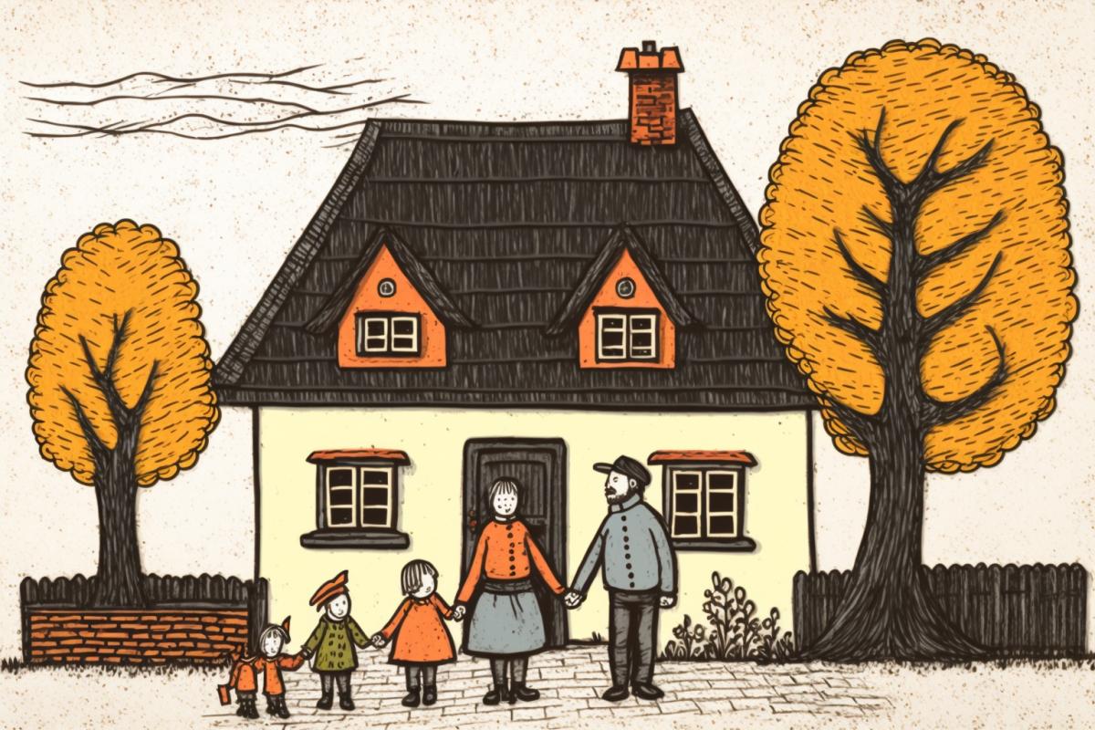 a drawing of a family standing in front of a house, a childs drawing by Vladimír Vašíček, shutterstock, folk art, childs drawing, stockphoto, artwork