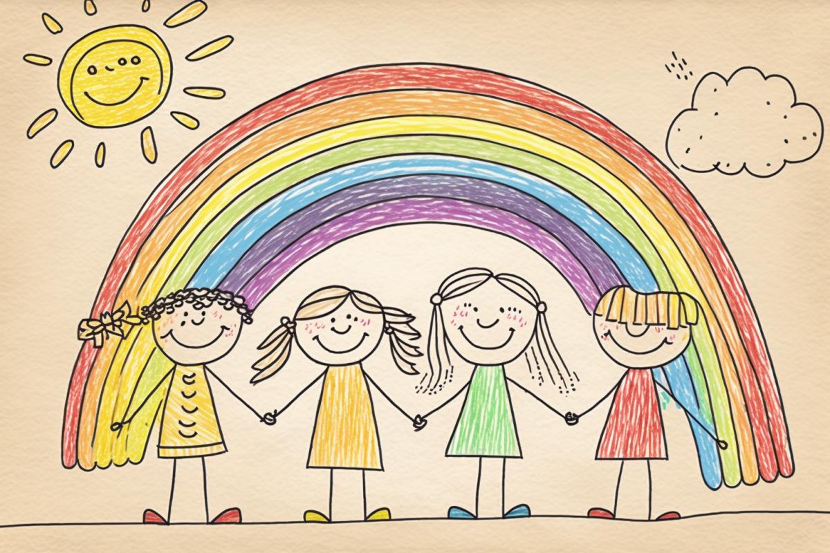 a drawing of a group of people holding hands under a rainbow, a childs drawing by Corneille, shutterstock, naive art, childs drawing