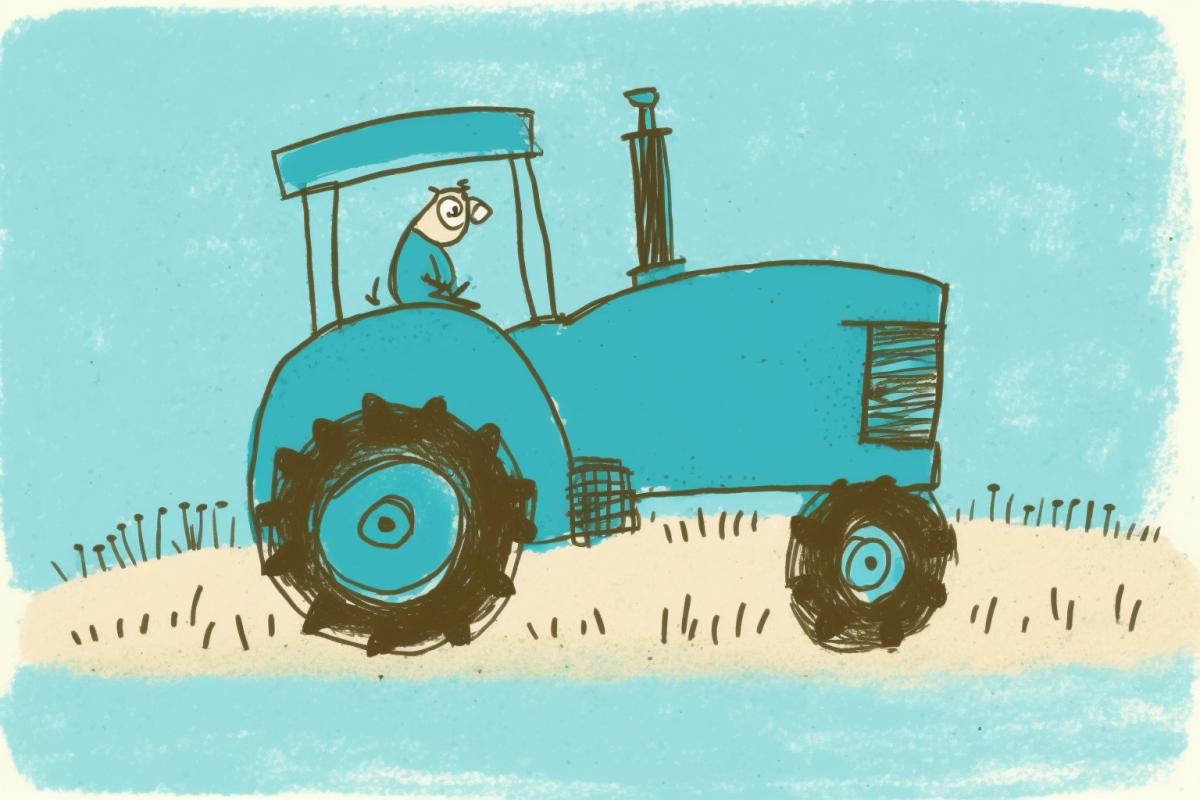 Childs drawing of a blue tractor in a field, naive