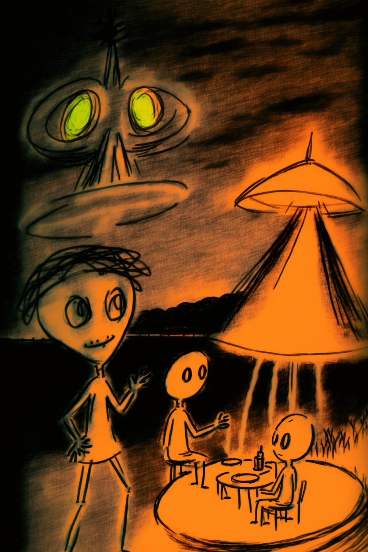 Childs drawing of aliens on ufo at night