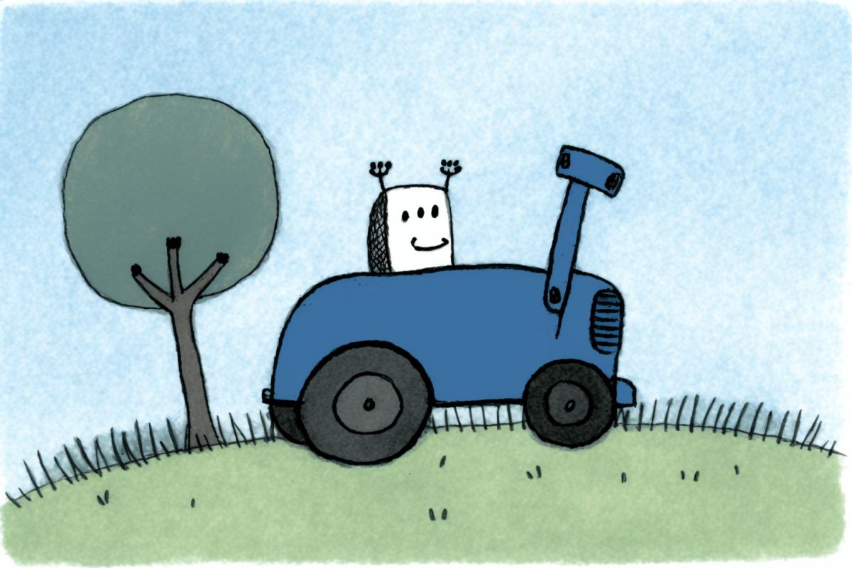 Childs drawing of a blue tractor in a field, naive