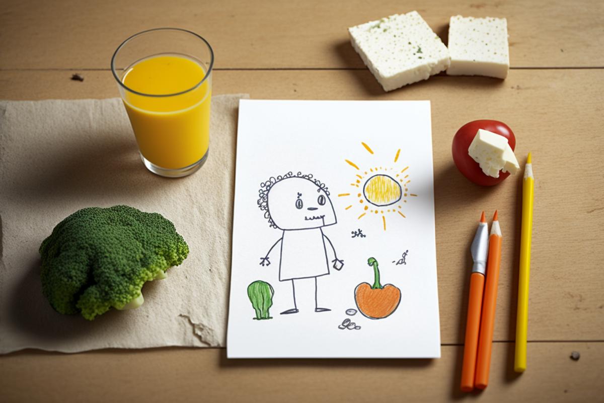 Childs drawing of breakfast, scrambled eggs, vegetables and juice, simple and naive. Hyvää huomenta!