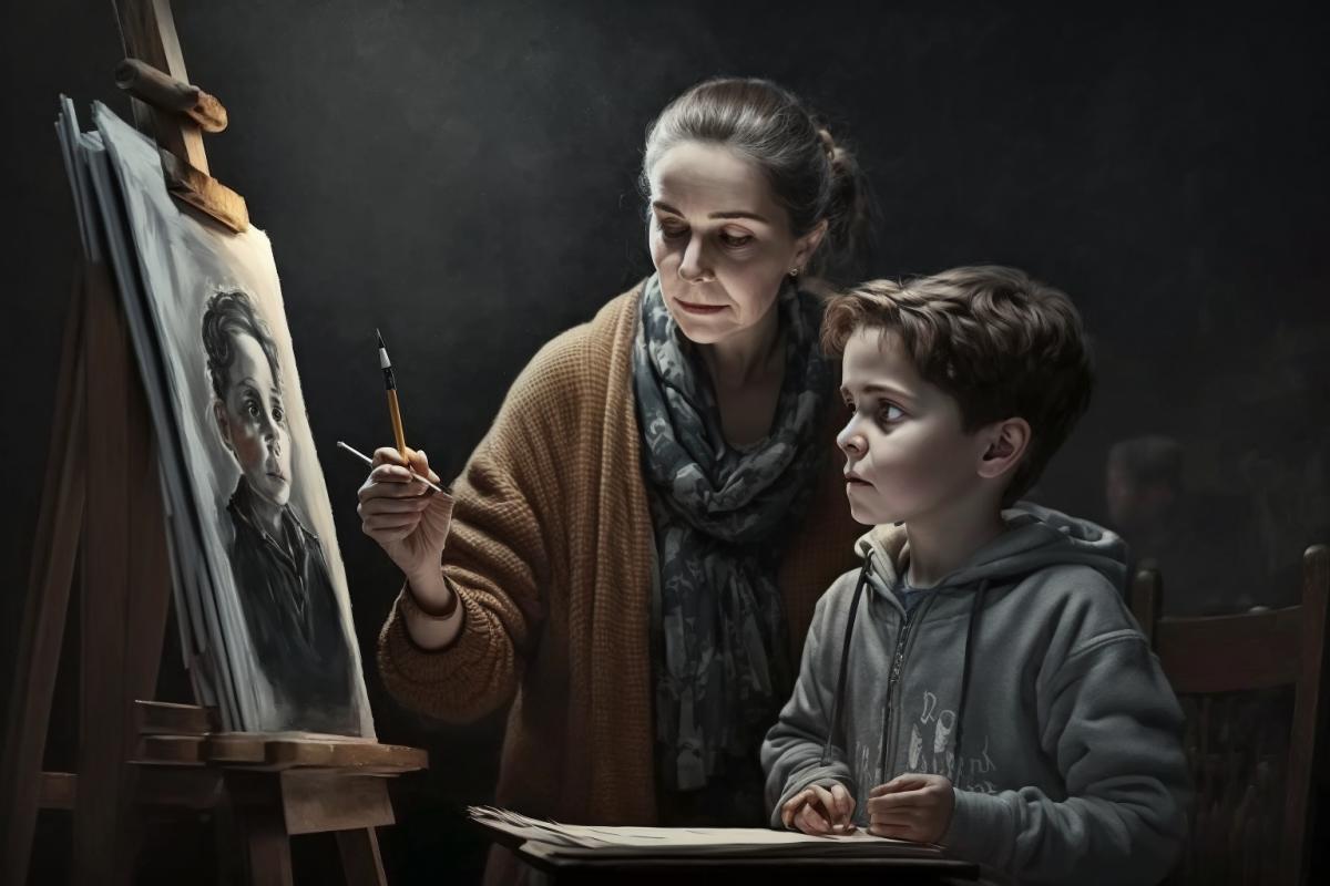 A boy draws a funny picture on an easel, next to a strict woman. Dark tones. Light comes from the easel