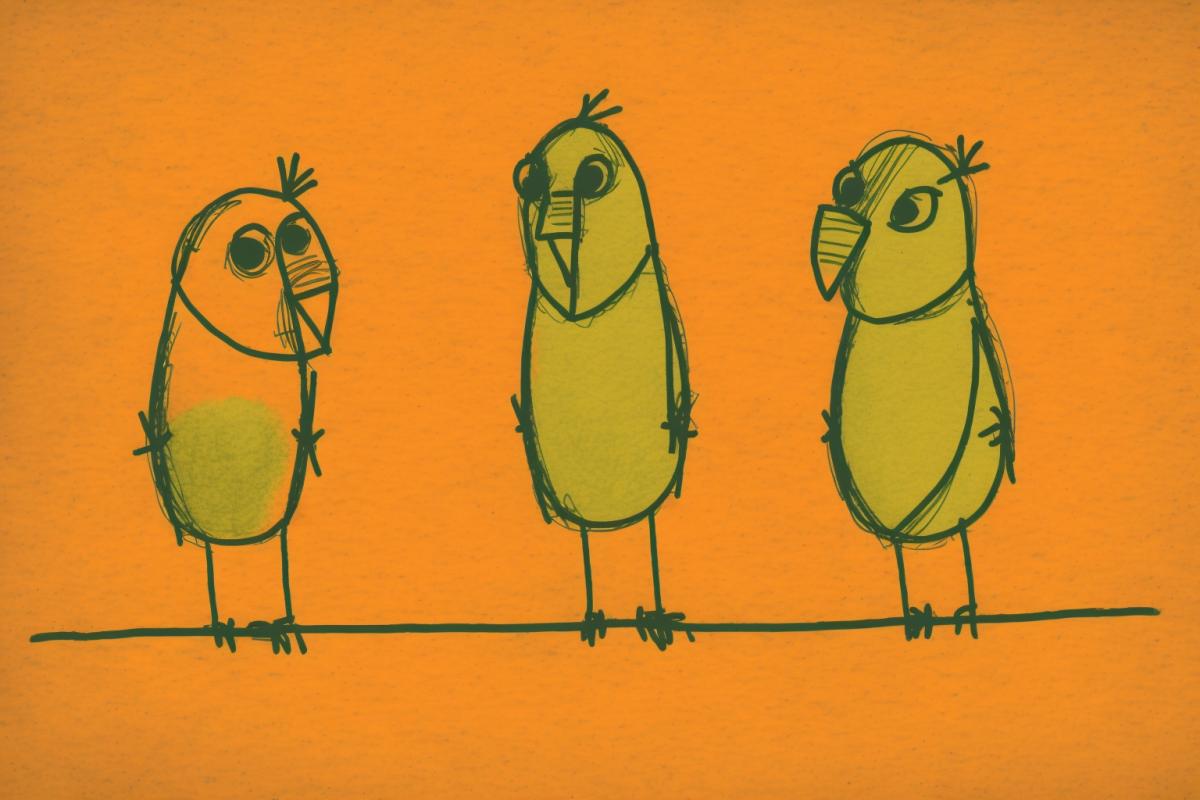 Childrens drawing of funny crooked parrots