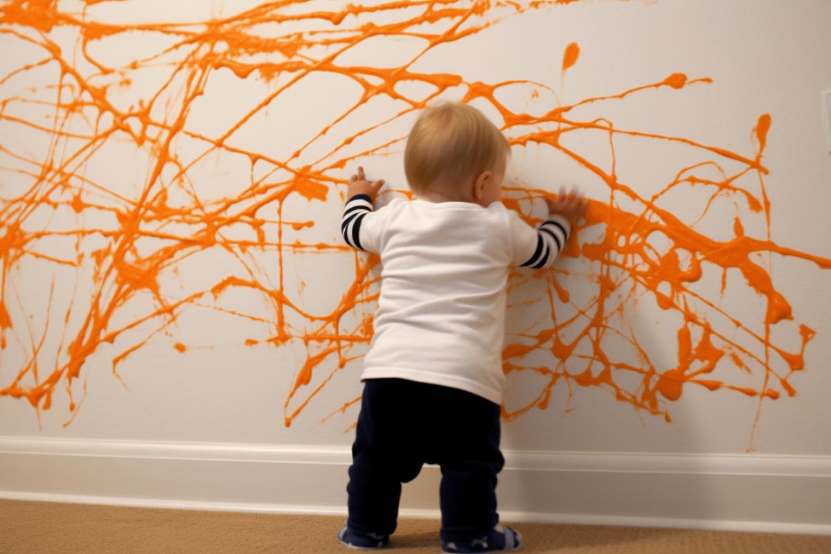 a small child draws on the wall of the room