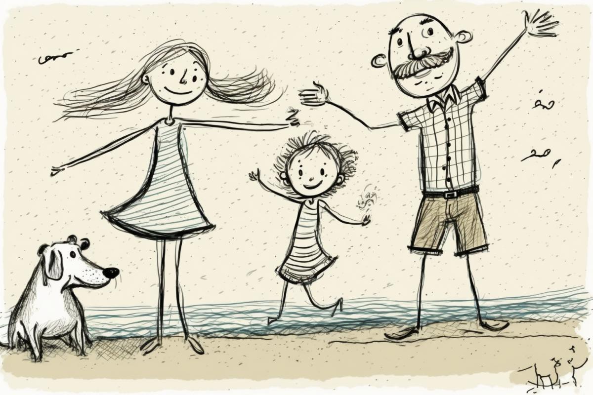 Mom, dad, child and dog, happiness, childrens drawing in the style of primtivism