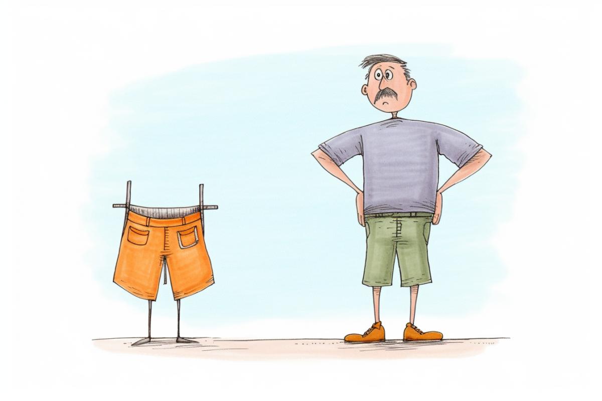 Dad in shorts looking for pants, funny childrens drawing with colored pencils, naive
