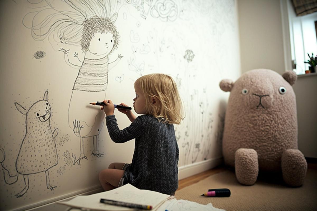 Childrens drawing on the wallpaper in the apartment