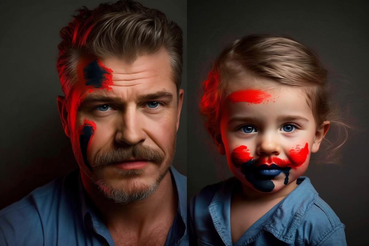 The kid painted dad with lipstick and paints
