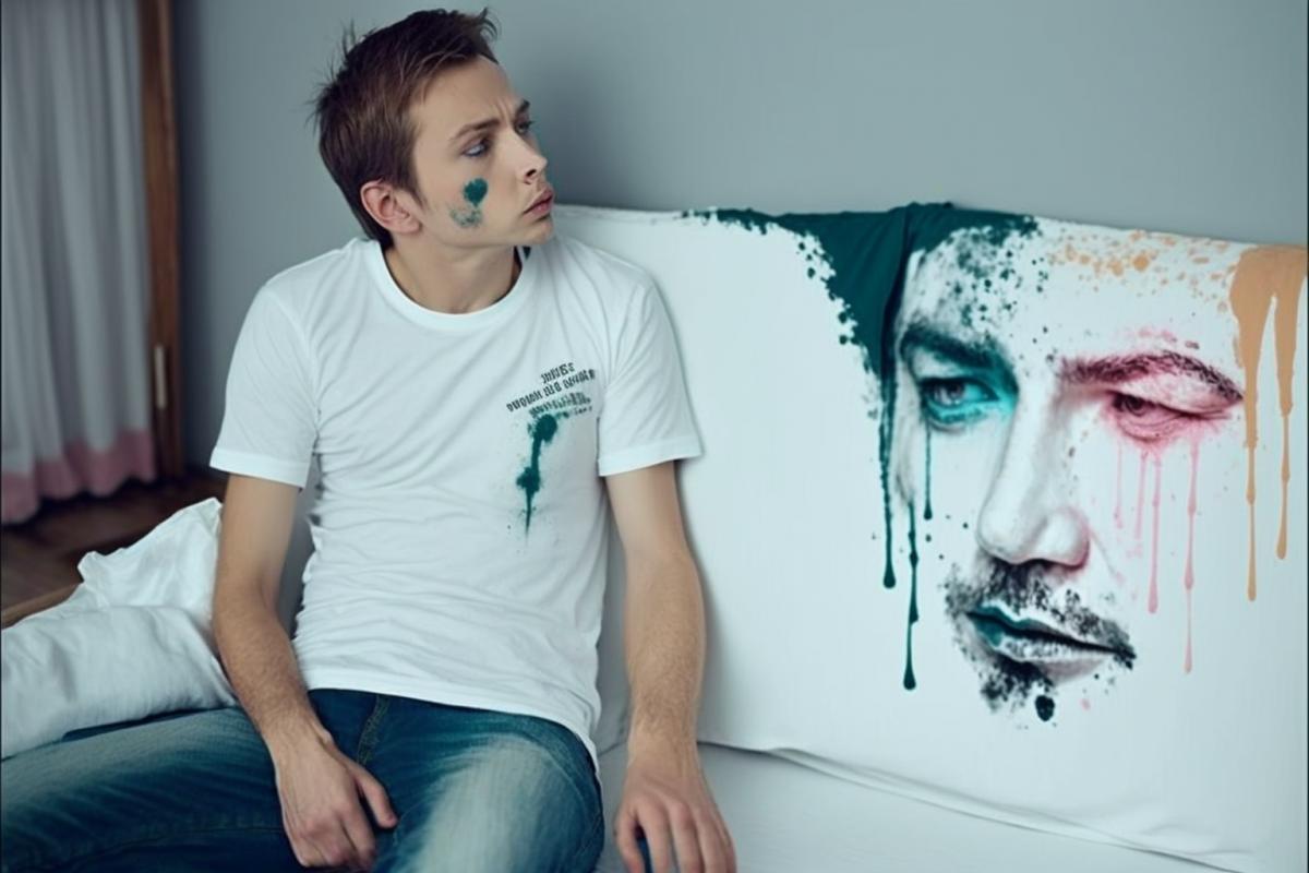 white sofa, white T-shirt, paint stains on the face, on clothes, on the sofa, dad is sleeping, he is tired, cheerful, fun