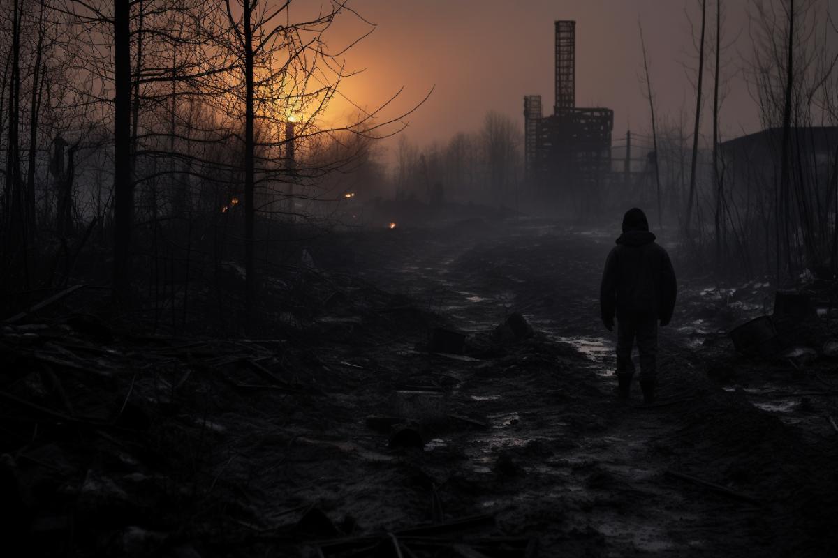 To none of the forbidden silent territories :: So do not reach out in search of scary stories. :: Homes and factories once stood here :: And now only a skeleton of the burnt nature. :: This is not a place for the living, but life is different here :: Shadows here rule the ball teasing us and playing :: Behind them they call into the silence of unfinished :: Lonely desperate dusty heroes. :: Chorus: :: Dance of the motes :: in the light of the moon :: baby pictures :: someones forgotten dreams :: abandoned dolls :: blind eyes :: About lived lives :: shadows can tell everything. :: Geiger counter nervously warns us :: About a game that a man will lose :: And a round dance of ghosts laughs at us :: Only shadows remained on the bridge after the explosion :: Those who once lived on this earth :: Became ashes long ago and disappeared into the mist :: Sometimes only the silhouettes of children flicker :: Prohibition sign This is a zone of shadows :: Dance of the motes