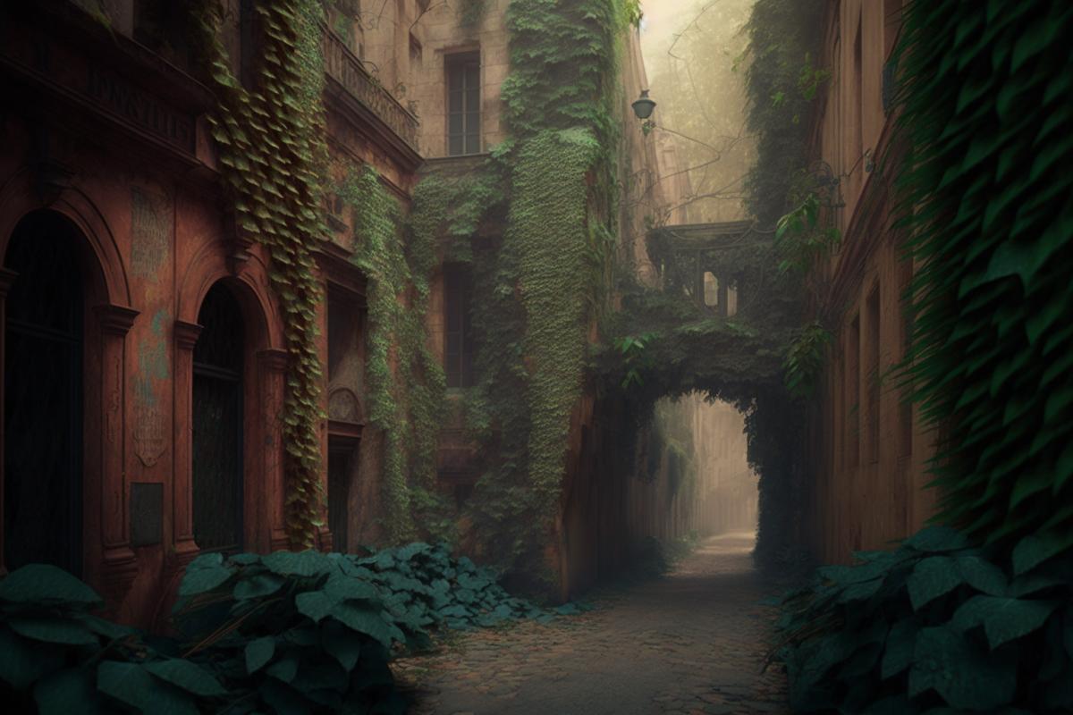 Abandoned old city in steampunk style, everything is overgrown with ivy