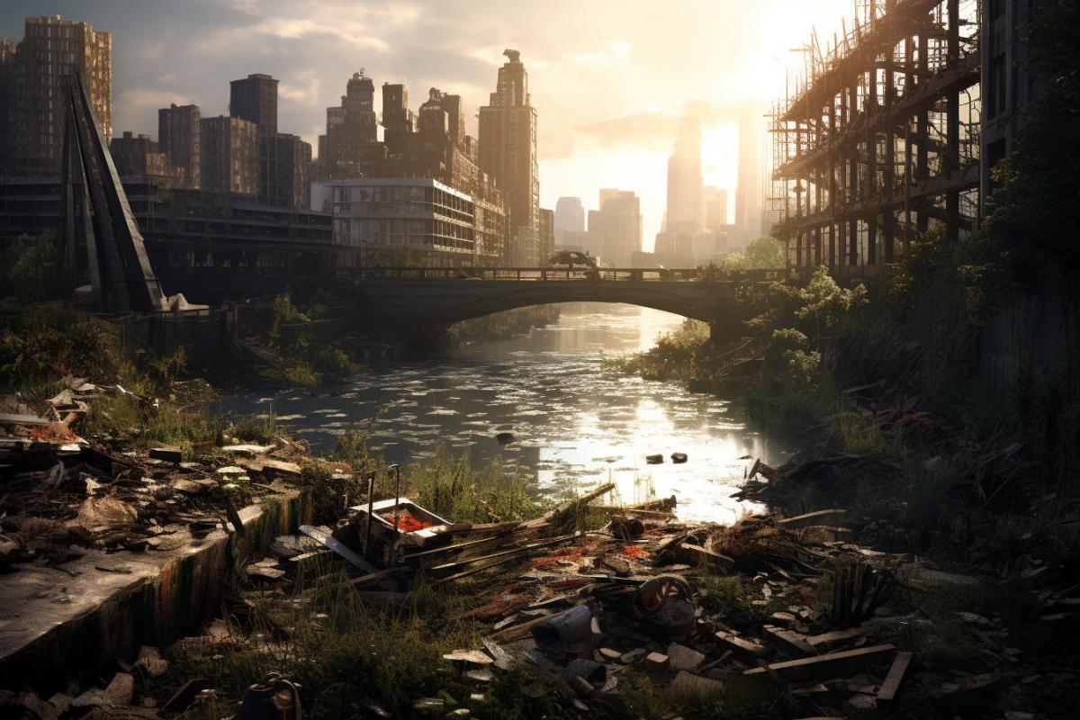the city in the last of us, in the style of organic surrealism, photo-realistic landscapes, grandiose ruins, magali villeneuve, charles spencelayh, contained chaos, buckminster fuller