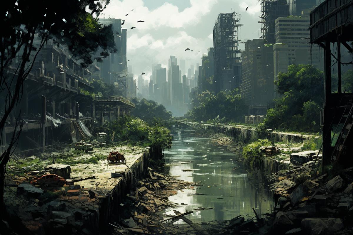 abandoned city in a gloomy, rotten state, in the style of hyperrealistic illustrations, light green and light brown, metropolis meets nature, cornelis springer, alexandre calame, theodore robinson, kintsugi