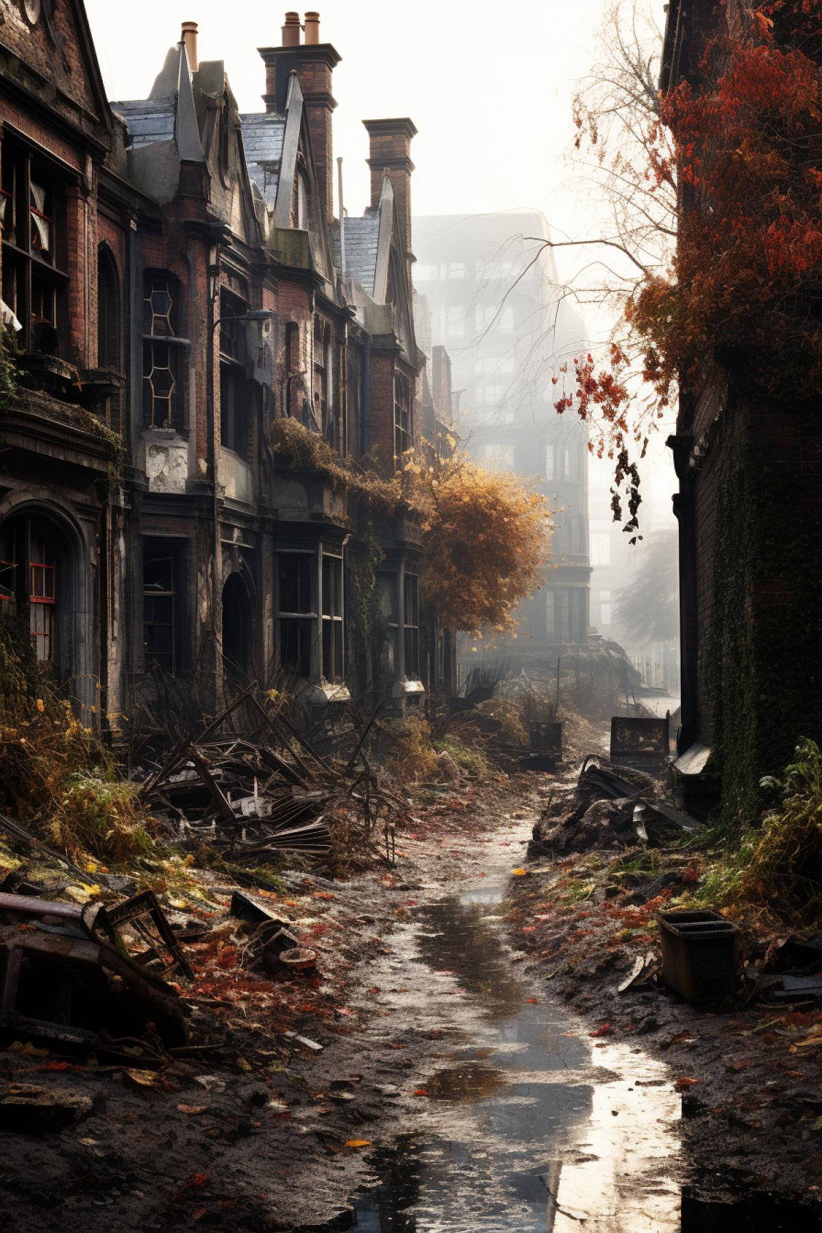 Abandoned Victorian London, post-apocalyptic, autumn